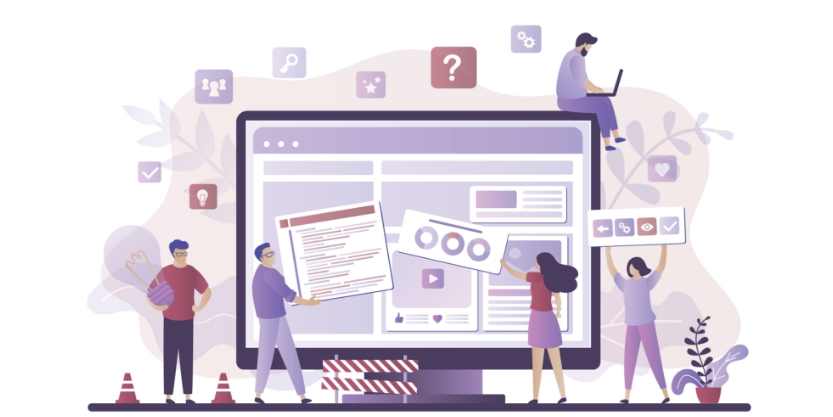 An illustration of four people hold up graphics in front of a computer monitor.