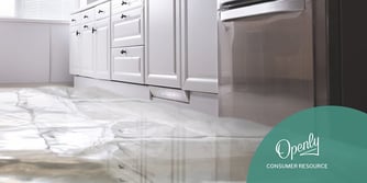 Water floods a kitchen floor. 