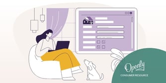 An illustration of a woman looking at her laptop while a dog sits at her feet. 