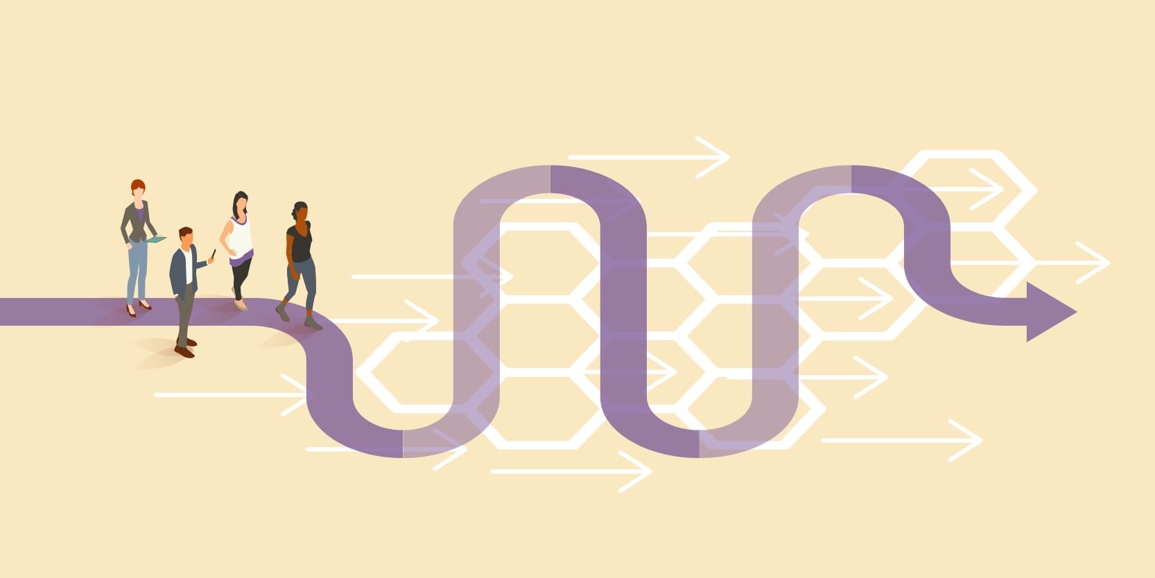 Four individuals walk along a winding path.