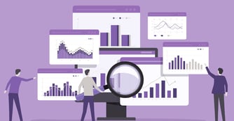 An illustration of three people looking at several graphs. One person holds a magnifying glass to a chart.