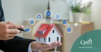 A hand holds a toy house that is surrounded by 7 infographics representing factors involved in calculating home insurance rates. 