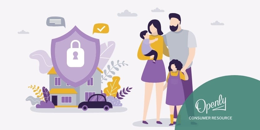 An illustration of two parents and two children  stand in front of house with a lock on it.