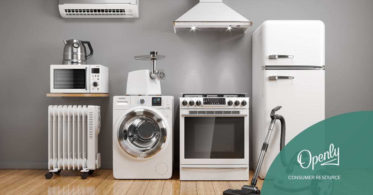 A series of white home appliances, including air conditioner, heater, dryer, refrigerator and oven are lined up in a row. 