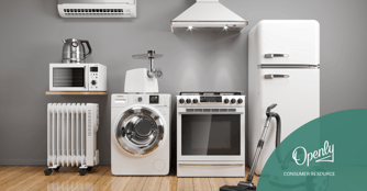 A series of white home appliances, including air conditioner, heater, dryer, refrigerator and oven are lined up in a row. 