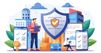 a graphic depicting a person on a computer, a shield, and graphics