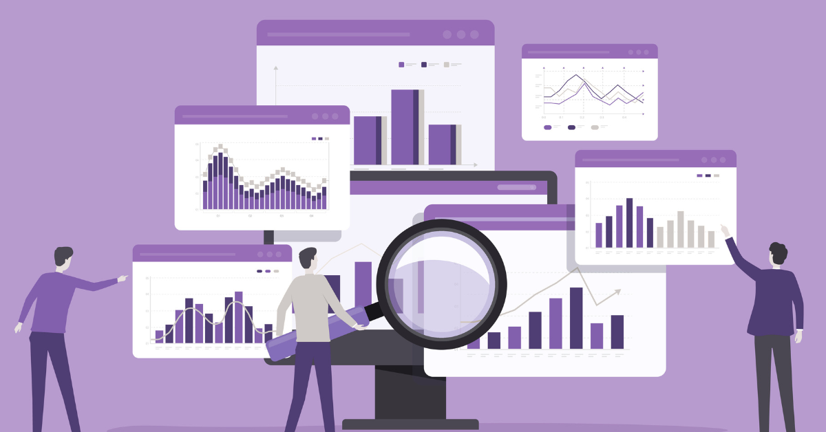 An illustration of three people looking at several graphs. One person holds a magnifying glass to a chart.
