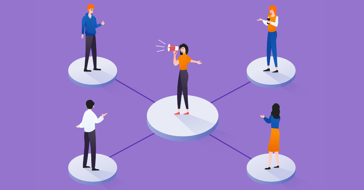 A graphic of a woman on a megaphone talking to four people surrounding her. 