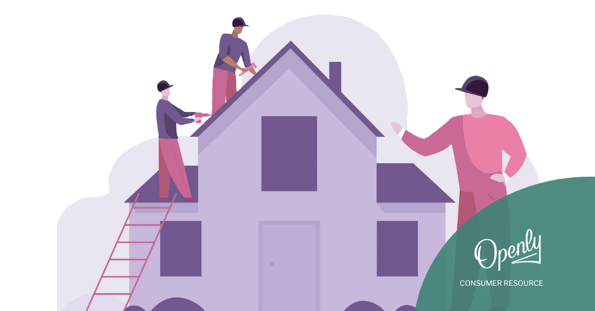 An illustration of three roofers working on a roof. 
