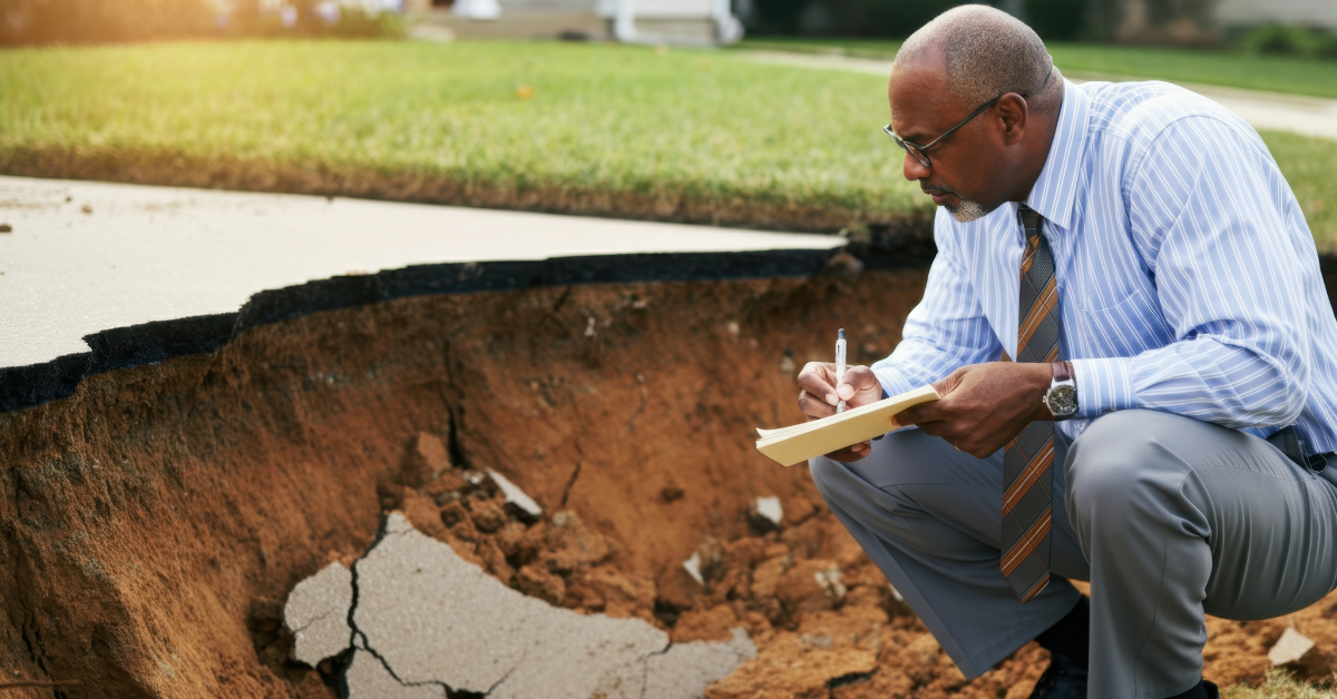 An insurance adjuster surveys a sinkhole. 