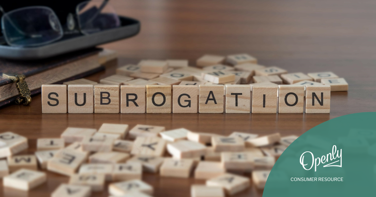 Scrabble™ tiles spell out subrogation. 