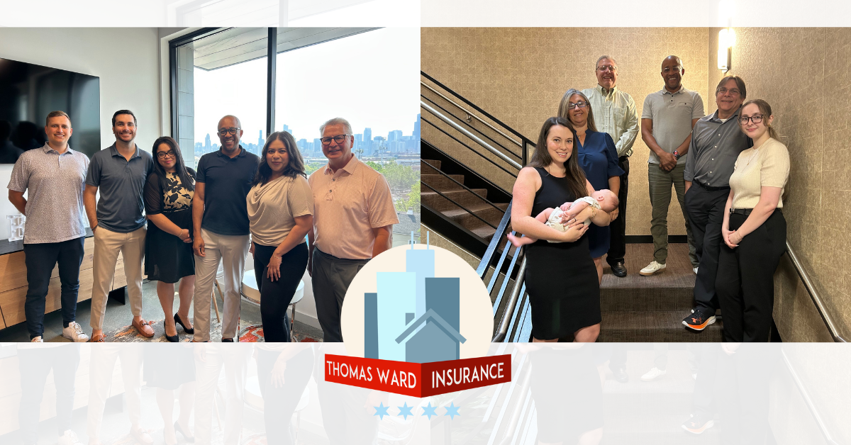 The Tom Ward Insurance Group logo is superimposed over group photos of the members of the staff from its two locations.