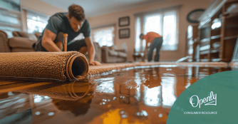 Two workers clean up standing water on a floor with a rug. 